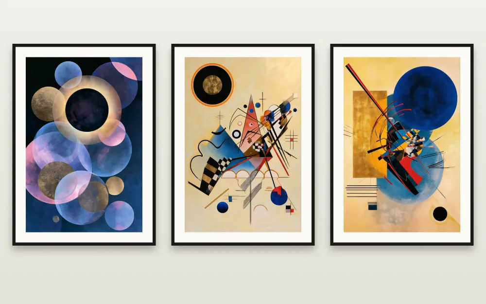 Kandinsky in Gold: Several Circles in Gold, Composition VIII in Gold & Yellow-Red-Blue in Gold framed side by side – set of 3 printable wall art by RAGANA Design