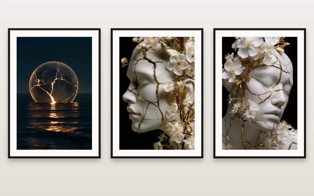 Kintsugi in Gold : The Kintsugi Moon, The Kintsugi Muse & Blossoming Gold encadrées côte à côte – série de 3 affiches à imprimer par RAGANA Design