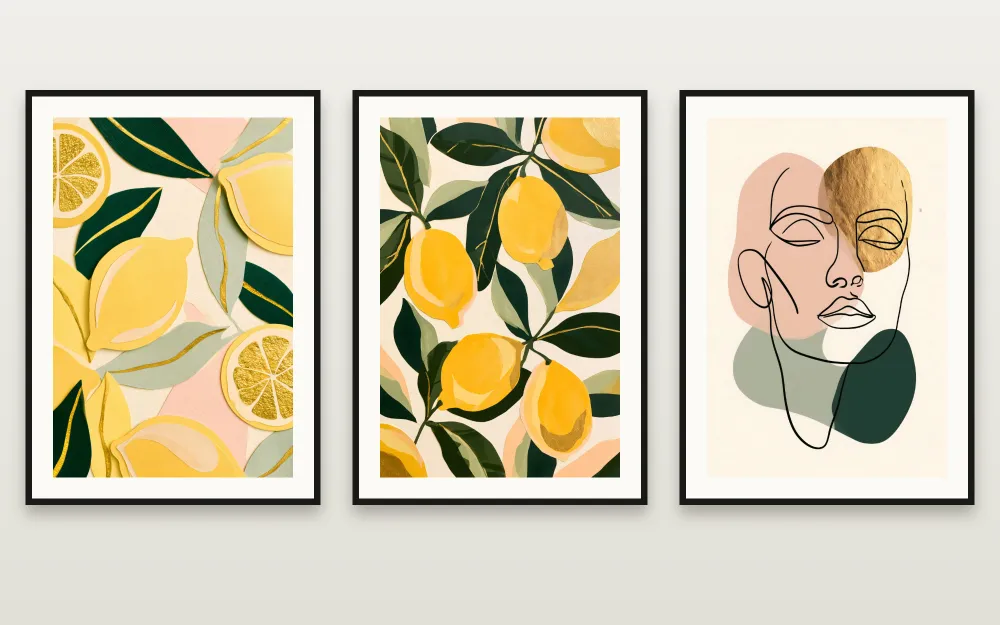 Lemons & Lines:Golden Lemons, Lemon Grove & The Sage Lineを並べて額装 – RAGANA Design のプリント可能な3点セット