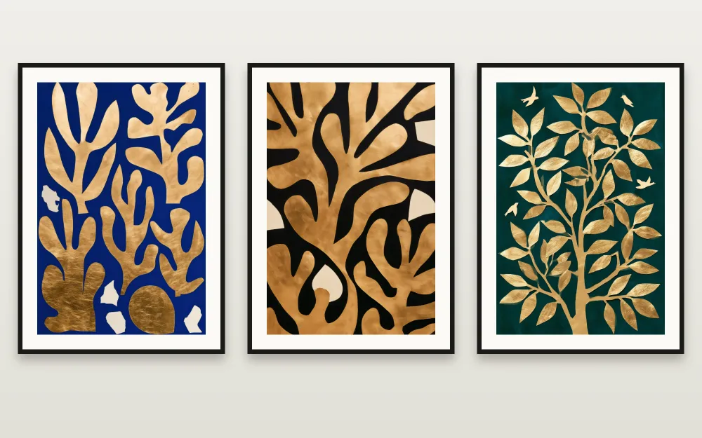 Cut-Outs in Gold: Golden Seaweed, Golden Leaves on Black & The Golden Tree with Birds framed side by side – set of 3 printable wall art by RAGANA Design