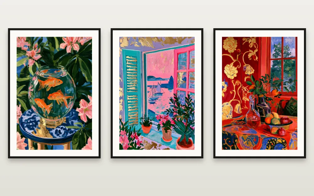 Matisse Interiors in Gold: Goldfish in Gold, The Open Window, Collioure & Harmony in Red & Gold framed side by side – set of 3 printable wall art by RAGANA Design