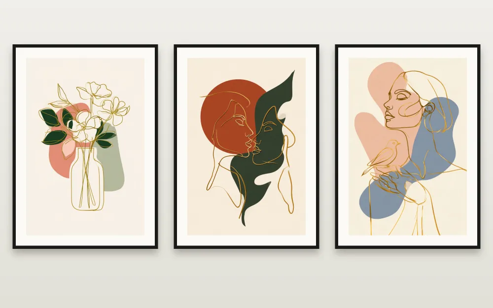 Matisse Lines in Gold: The Golden Bouquet, The Lovers & The Woman with a Bird framed side by side – set of 3 printable wall art by RAGANA Design