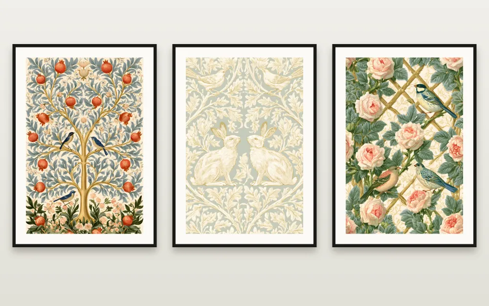 The Morris Garden: The Morris Tree of Life, Brother Rabbit in Gold & The Rose Trellis framed side by side – set of 3 printable wall art by RAGANA Design