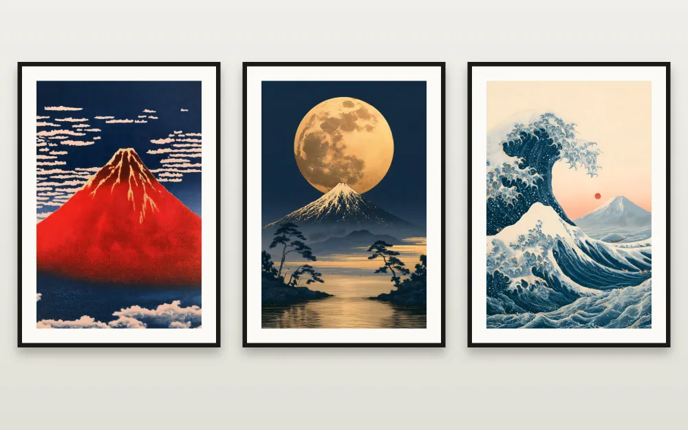 Fuji in Gold: The Golden Red Fuji, Moonlit Fuji, The Great Wave in Cream & Gold