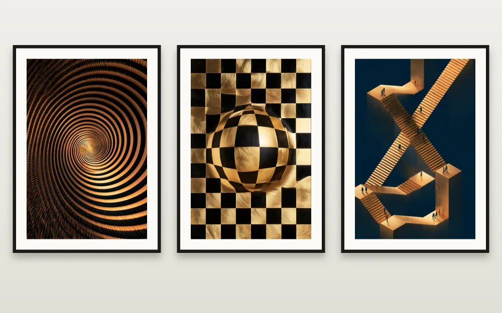 Op Art in Gold: The Golden Vortex, The Breathing Sphere & The Impossible Stairs enmarcadas una junto a otra – set de 3 láminas imprimibles de RAGANA Design