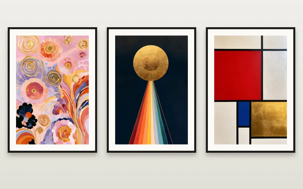 Pioneers of Abstraction in Gold: Rosettes in Gold, The Golden Altarpiece & Composition in Red, Blue & Gold framed side by side – set of 3 printable wall art by RAGANA Design