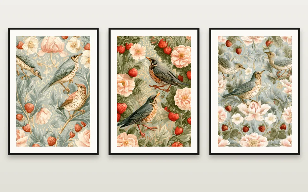 The Strawberry Thief:The Golden Strawberry Thief, Thrushes and Peonies & The Sage Strawberry Gardenを並べて額装 – RAGANA Design のプリント可能な3点セット