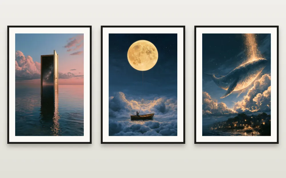 Surreal Dreams in Gold: The Door to the Stars, The Moon Fisher & The Sky Whale gerahmt nebeneinander – 3er-Set Wandbilder zum Ausdrucken von RAGANA Design
