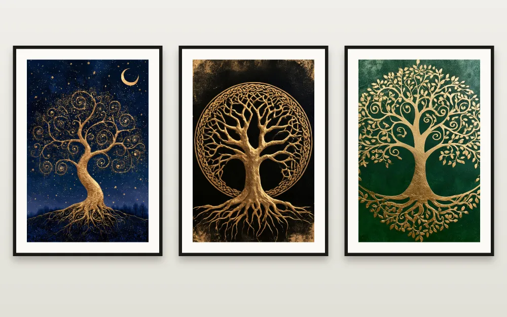 The Tree of Life Night Set: Tree of Life Under the Stars, The Tree of Life Mandala & The Emerald Tree of Life gerahmt nebeneinander – 3er-Set Wandbilder zum Ausdrucken von RAGANA Design