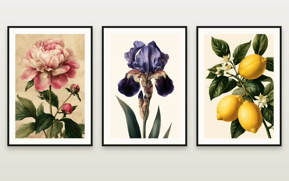 The Vintage Botanical Set: The Golden Peony, The Golden Iris & The Lemon Branch framed side by side – set of 3 printable wall art by RAGANA Design