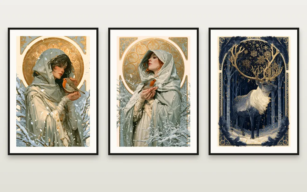 The Winter Muse: The Winter Muse, The Robin Muse & The Snowflake Reindeer gerahmt nebeneinander – 3er-Set Wandbilder zum Ausdrucken von RAGANA Design