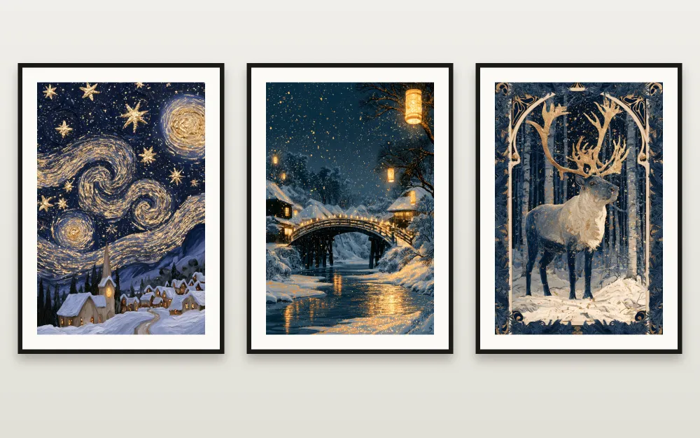 Winter Night in Gold: Golden Christmas Eve, Snow Lanterns & The Golden Reindeer framed side by side – set of 3 printable wall art by RAGANA Design