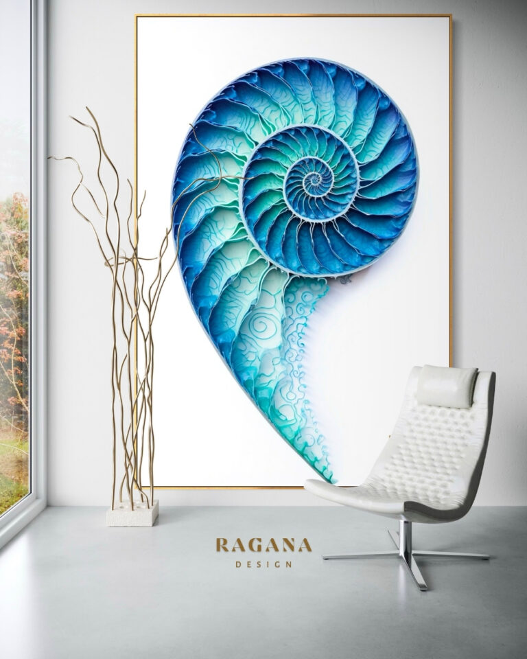 The Azure Crest of Fluidity — Gold & Colour Fibonacci golden ratio wall art by RAGANA Design