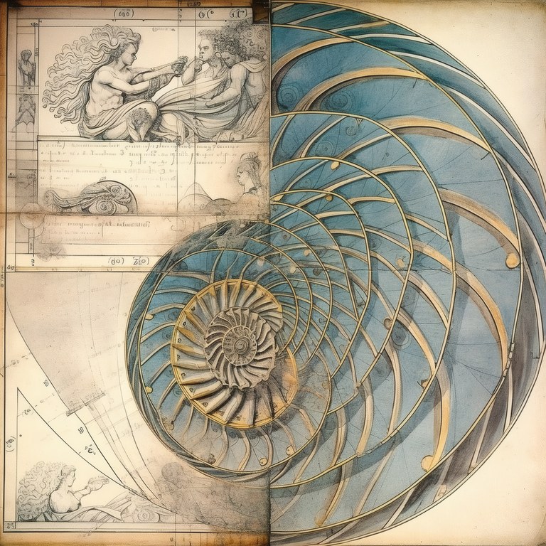 The Codex Nautilus, a teal and gold Fibonacci spiral beside Renaissance notebook studies, da Vinci reimagined wall art by RAGANA Design