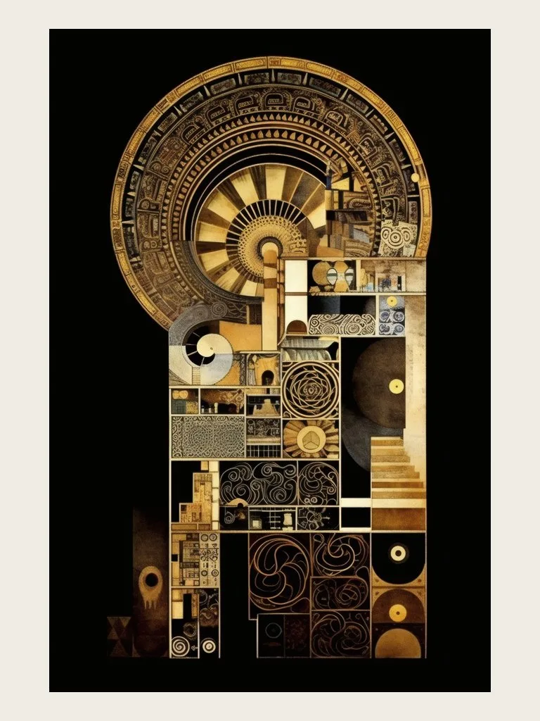 The Gilded Archway, an arched construction of engraved gold panels on black, Klimt reimagined wall art by RAGANA Design