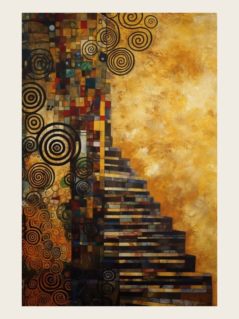 The Golden Descent, escaleras de mosaico oscuro cruzando un campo de oro trabajado con espirales, arte de pared Klimt Reimagined de RAGANA Design