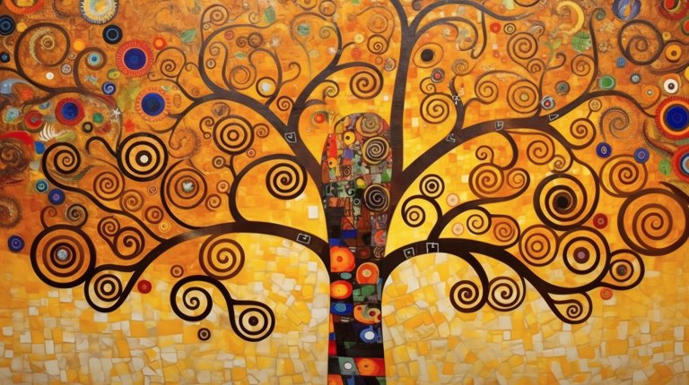 The Golden Tree of Life, branches curling into golden spirals on amber mosaic, Klimt reimagined wall art by RAGANA Design