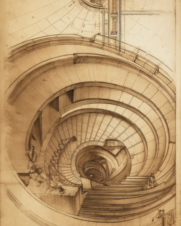 The Helical Vault, a sepia ink spiral staircase drawn as a Renaissance architectural study, da Vinci reimagined wall art by RAGANA Design