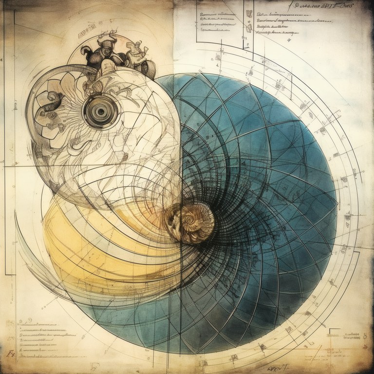 The Meridian Shell, a deep ocean blue and gold shell drawn over a ruled meridian grid, da Vinci reimagined wall art by RAGANA Design