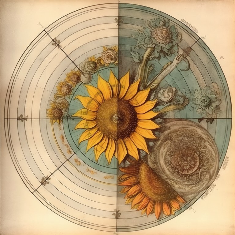 The Sunflower Compass, a sunflower at the centre of a ringed astronomical compass in cream and sea green, da Vinci reimagined wall art by RAGANA Design