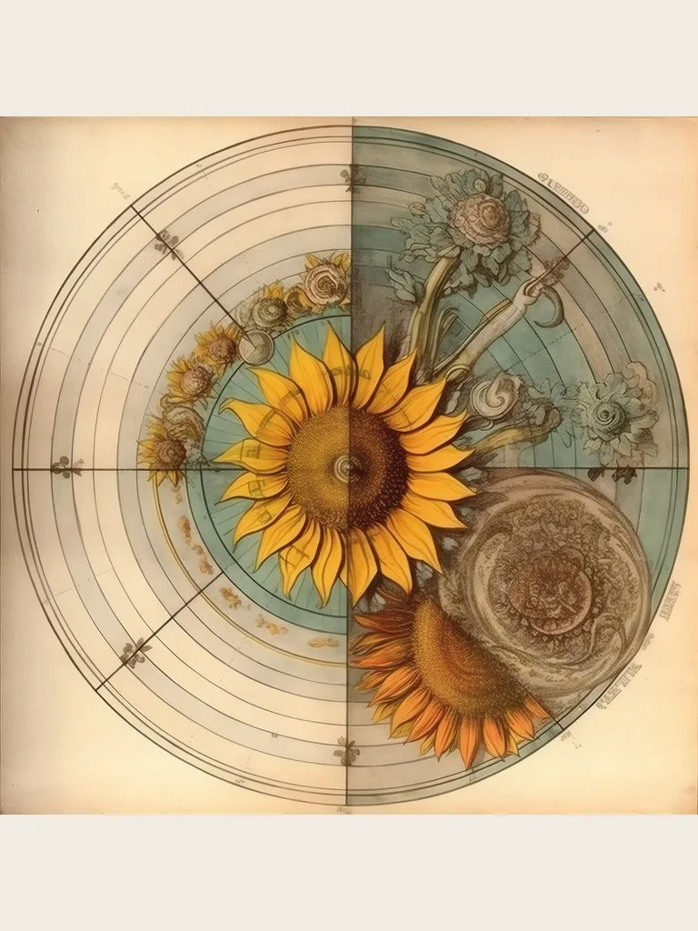 The Sunflower Compass, a sunflower at the centre of a ringed astronomical compass in cream and sea green, da Vinci reimagined wall art by RAGANA Design