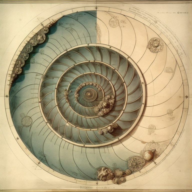 The Tidal Chart, a teal and cream ammonite spiral ringed with engraved medallions, da Vinci reimagined wall art by RAGANA Design