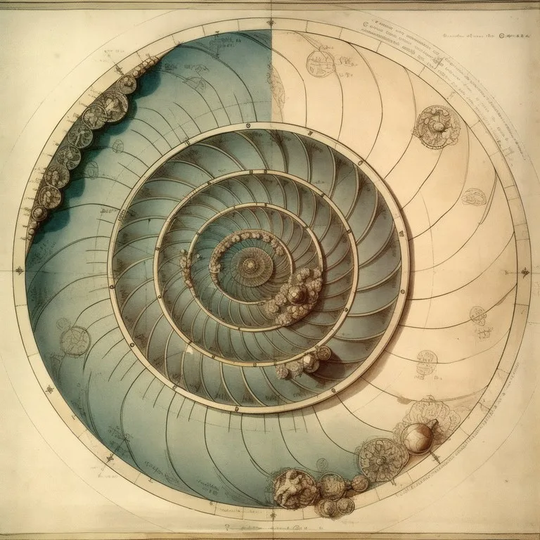 The Tidal Chart, una espiral de amonites verde azulado y crema rodeada de medallones grabados, arte de pared Da Vinci Reimagined de RAGANA Design