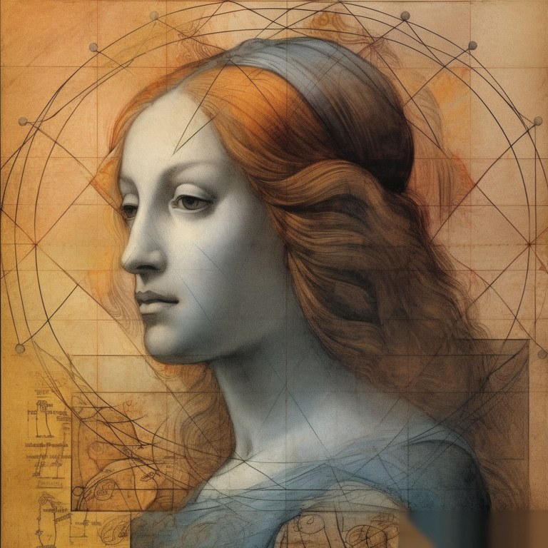The Vitruvian Muse, a golden ratio Renaissance profile portrait in ochre and slate blue, da Vinci reimagined wall art by RAGANA Design