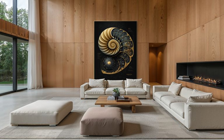 The Golden Nautilus II sobre una chimenea: la obra más oscura de la habitación se convierte en su pared lejana.