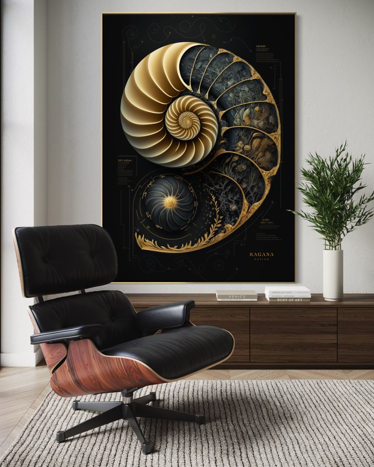 The Golden Nautilus II au-dessus d’un canapé bas, vu assis