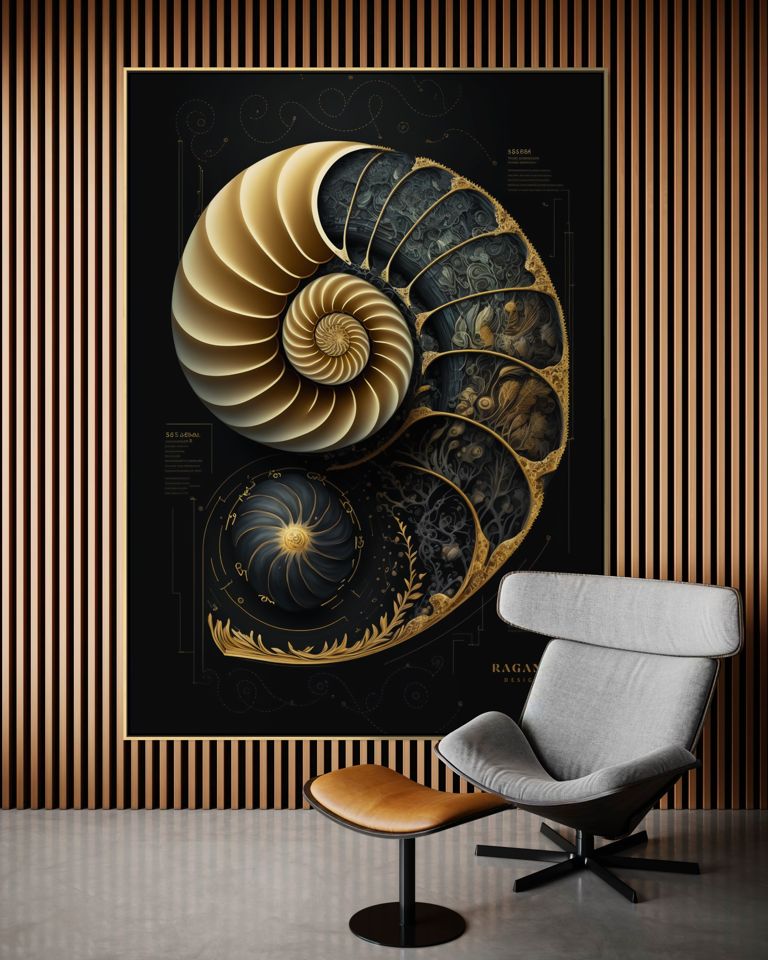 The Golden Nautilus II in einem Wohnzimmer, seitlich der Sitzmöbel und tief gehängt: am Rand des Blickfelds gesehen, nicht geradeaus.