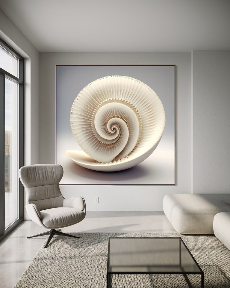 Ivory Nautilus Minimalist en un salón claro, casi del color de la pared hasta que la luz de la tarde lo encuentra.