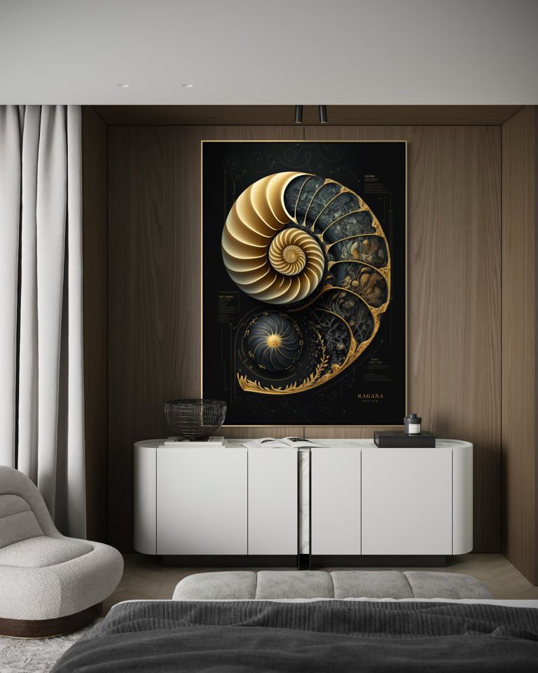 The Golden Nautilus II dans une chambre : fond sombre, une courbe d’or, centre à 135 cm parce que celui qui regarde est le plus souvent allongé.